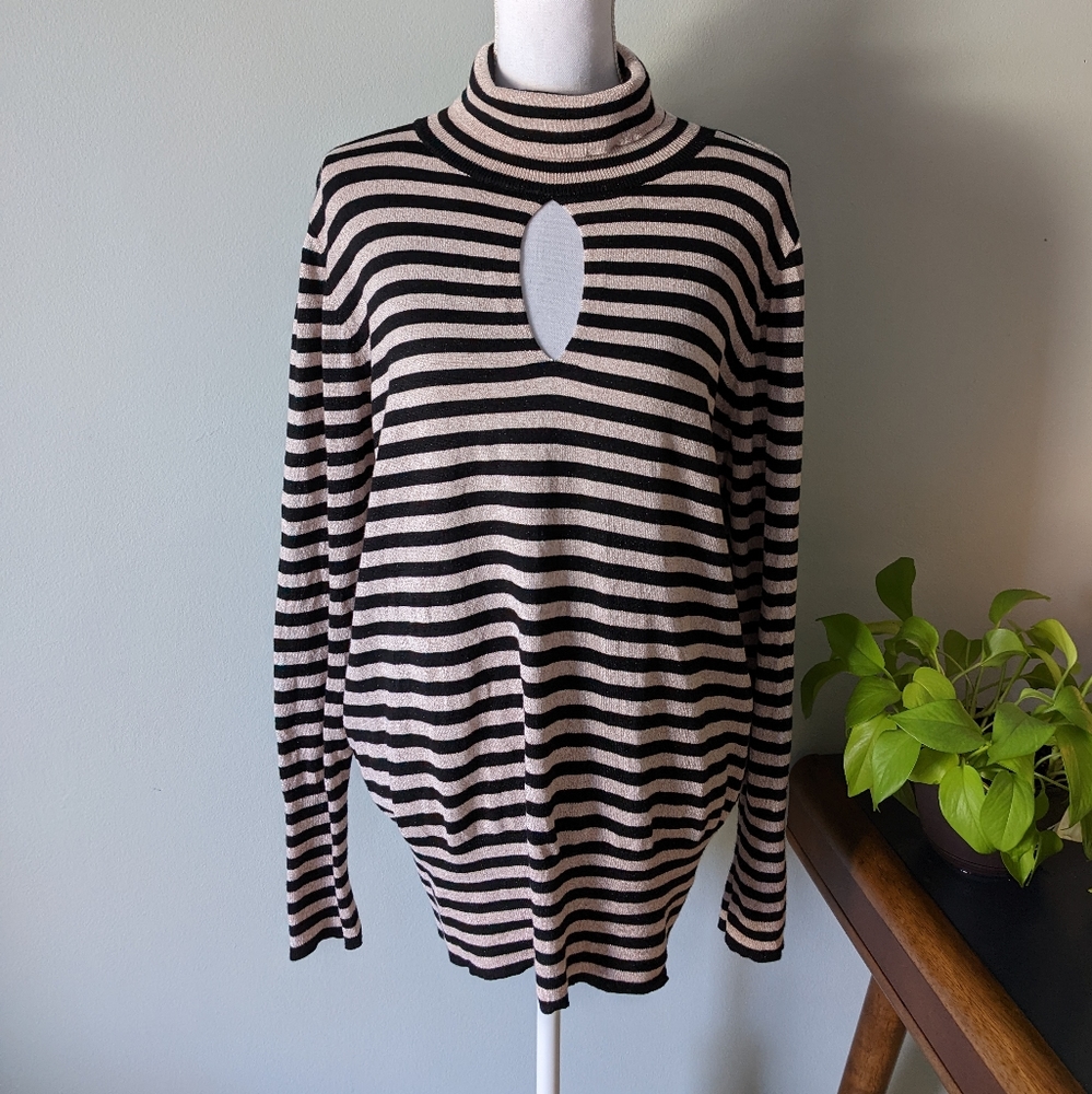 Lane Bryant Wmns 18/20 Metallic Tan Black Striped Keyhole Turtleneck Sweater 146